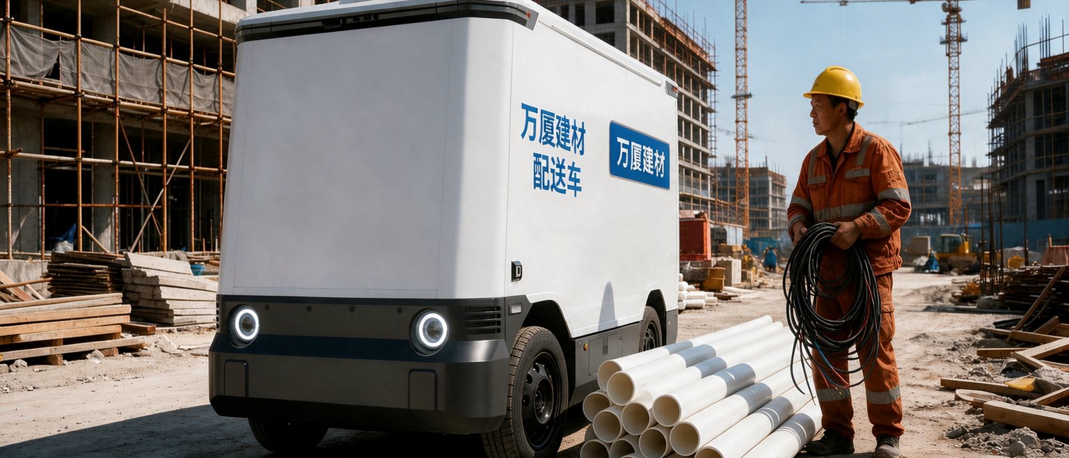 万厦建材无人配送车在住宅工地配送管材辅料