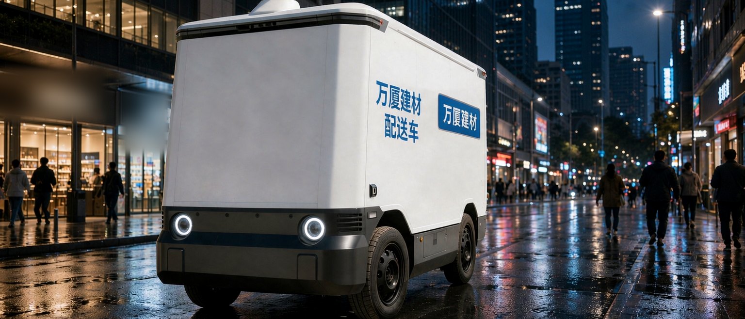 万厦建材无人配送车夜间在市区街道配送